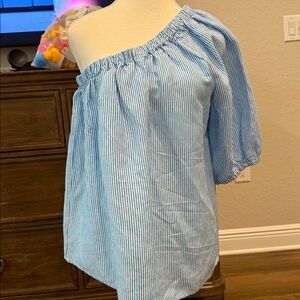 LOFT Blue and White Striped One Shoulder Blouse Size M